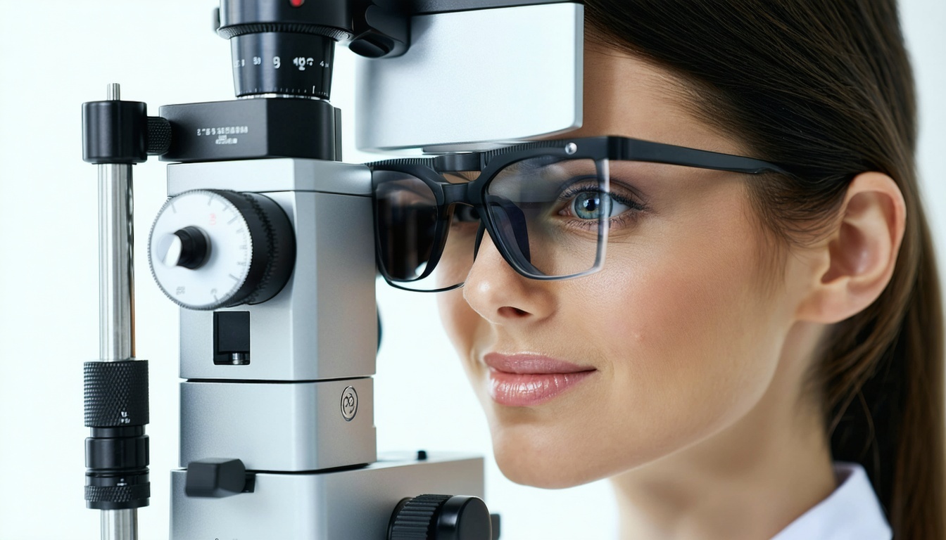 Qualified optometrist performing an eye examination using advanced technology