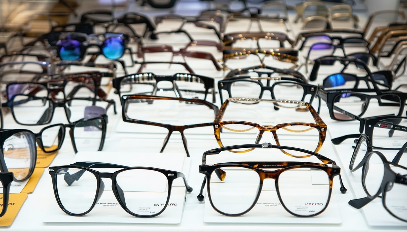 Variety of stylish eyeglass frames displayed in the store