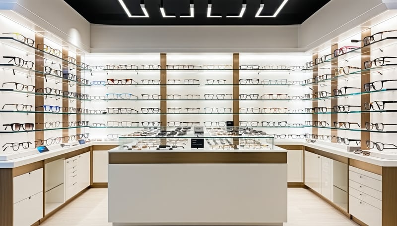 A modern optical store showcasing a variety of eyeglass frames and lenses.