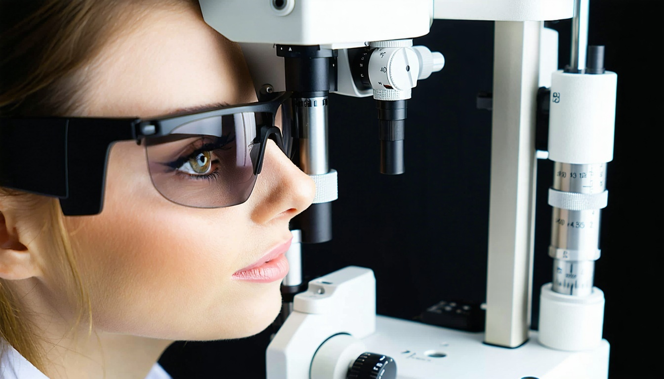 Qualified optometrist conducting an eye exam using advanced equipment