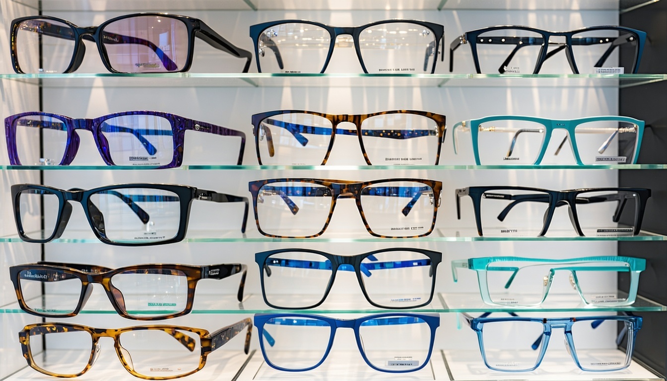 Wide selection of eyeglass frames and lenses on display